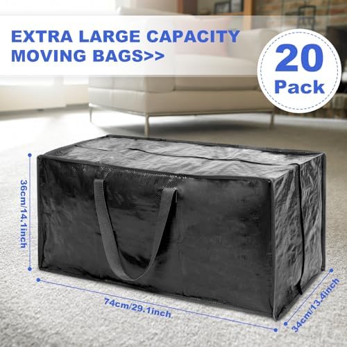 Black Moving Bags - 20 Pack Extra Large Heavy Duty Storage Bags With Zipper & Reinforce Handles | 29x14x13 Inch Moving Tote Bags Bulk For Clothing, Shoes, Travel - Image 2