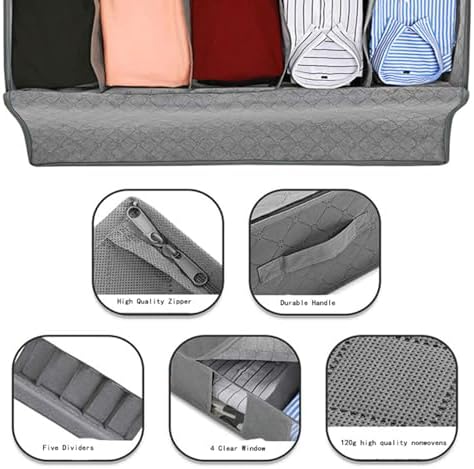 Apstour Under Bed Clothes Organizer Large Adjustable Dividers Storage Bag with Durable Fabric, Reinforced Handle, 4 Clear Window for Clothing, Shoes, Blankets, Sweaters, Toys (grey, 2) - Image 2
