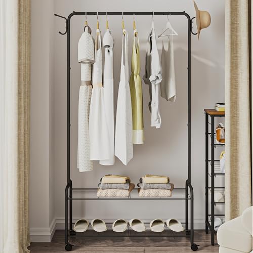 Clothes Rack, Garment Rack, 2-In-1 Design, Clothing Rack with 4 Wheels, Shoe Rack with 2-Tier Storage Shelf, Coat Rack with 4 Hooks for Bags, 33.4 x 12.5 x 64.5 Inches, Black GR07416B - Image 2