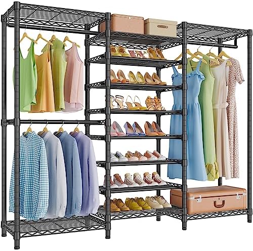VIPEK S3 Heavy Duty Garment Rack Free Standing Clothes Rack Closet Storage Organizer Large Wardrobe with 6-Tier Shoe Rack, Hanging Rod, Adjustable Shelf, 68.9" L x 15.7" W x 76.4" H, Black